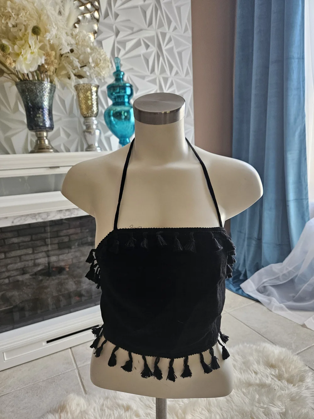 Black Tassel Halter Crop Top - Women Intimates & Sleepwear
